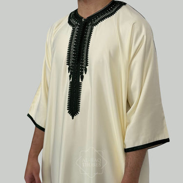 Cream Green Luxury Zipped Moroccan Gandoura Thobe