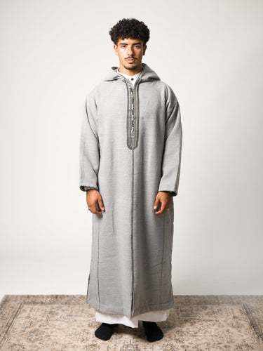 Luxury Light Grey hooded Moroccan djellaba – view 1