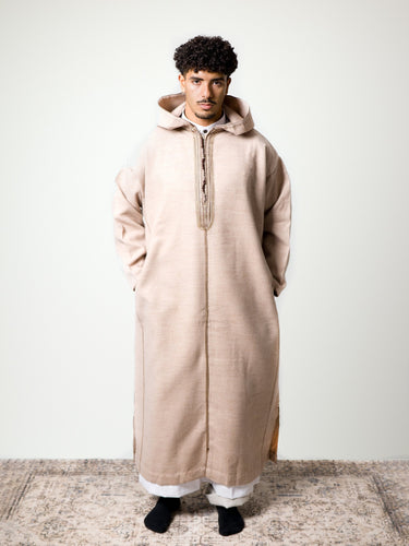 Luxury Oat Beige hooded Moroccan djellaba – view 1