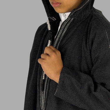 Boys Premium Ash Black Hooded Moroccan Thobe